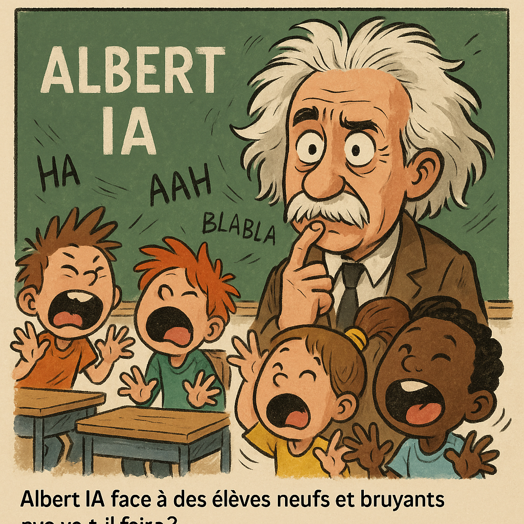 genere une image humour Albert IA education ale face a des élèves neuves et bruyants que va t'il faire ?